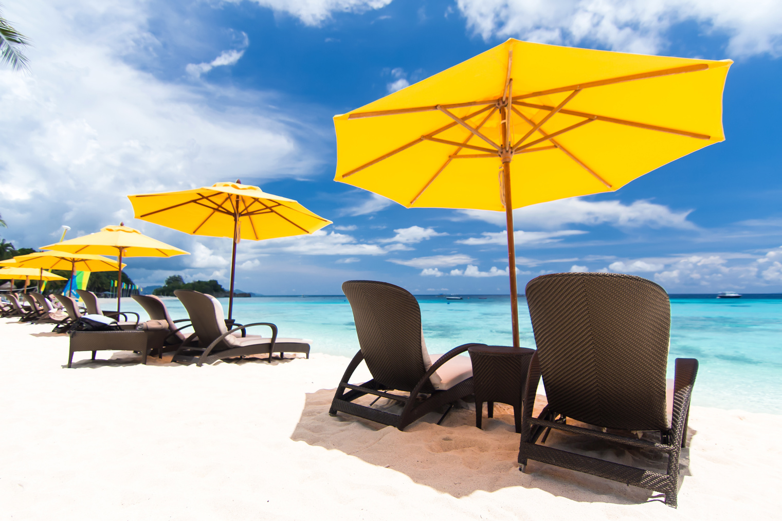 Sun umbrella and beach beds on  beach