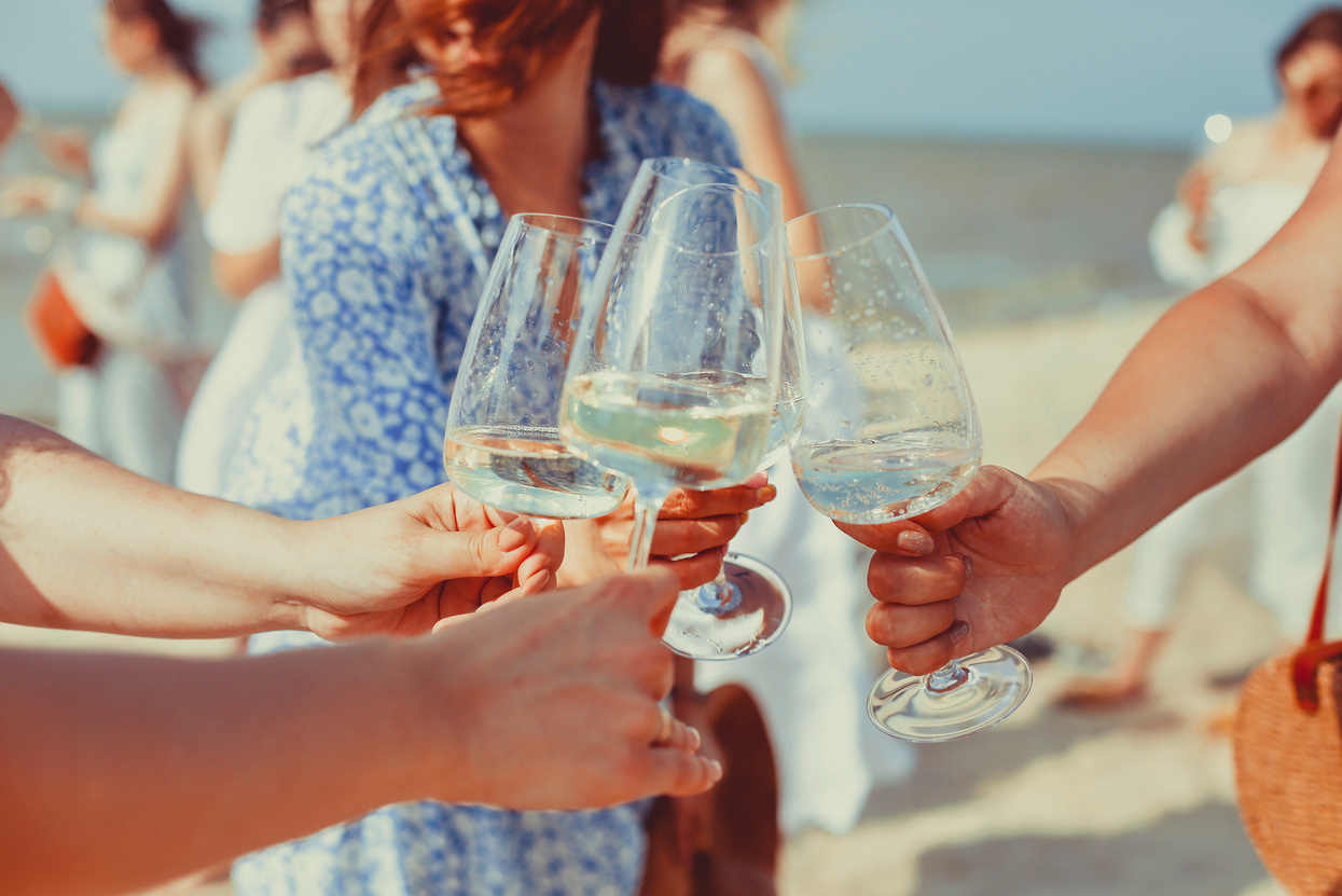 Cheerful Women Proposing Toast on Beach